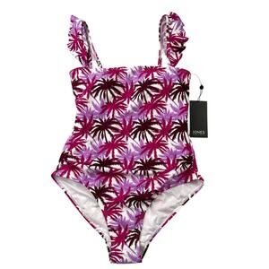 Jones New York Swimsuit Medium Fuchsia Palm Tree Ruffle Sleeve Bandeau Neck